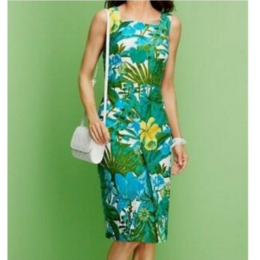 Talbots Green White Blue Floral Sheath Front  Pleated Sleeveless Dress Size 12